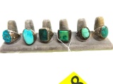 6 SILVER AND TURQUOISE RINGS:  1 MARKED STERLING, APPEAR TO BE OLD PAWN