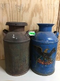 2 VINTAGE METAL MILK CANS, ONE PAINTED WITH EAGLE AND FLAG