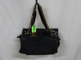 VINTAGE CHANEL BLACK LAMBSKIN AND PATENT LEATHER HANDBAG, #1346788, SHOWS SOME WEAR AND USE