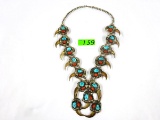 RARE VINTAGE NAVAJO OLD PAWN TURQUOISE, CORAL AND BEAR CLAW SQUASH BLOSSOM NECKLACE, STERLING SILVER