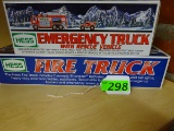 (2) HESS TOY TRUCKS: EMERGENCY TRUCK WITH RESCUE VEHICLE, FIRE TRUCK