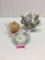 GLASSWARE INCLUDING CRYSTAL VASE,AMBERINA LIDDED JAR, CRYSTAL SALT, HANDPAINTED DISH, CHERUB VASE (O