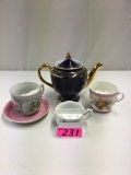 HALL TEAPOT, (3) MUSTACHE CUPS