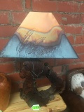 BURL WOOD LAMP  WITH TURQUOISE INLAY AND COPPER ENGRAVED LAMP SHADE