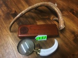 2 DEER THEMED CRIBBAGE GAMES, WITH A HORN & BRASS MAGNIFING GLASS