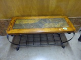 IRON BASE WITH WOOD AND TILE TOP SOFA TABLE