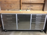 (1) ROLL-AROUND TOOL BOX CABINET WITH WOOD TOP & 12 METAL DRAWERS