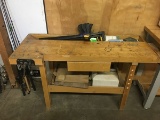 (1) WOOD WORK BENCH WITH (2) WOOD VISES & (4) QUICK GRIP CLAMPS
