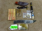FINISHED DYED LEATHER SHEATH KIT, BELT BUCKLE, (8) QUILLS, CUSTOM FIXED KNIFE BLADE