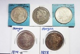 (5) MORGAN SILVER DOLLARS: 1878, 1879-O, 1880-O, (2) 1921