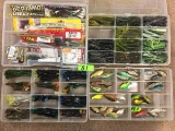 (4) FLAT TACKLE BOXES WITH ASSORTED PLASTICS & CRANK BAITS