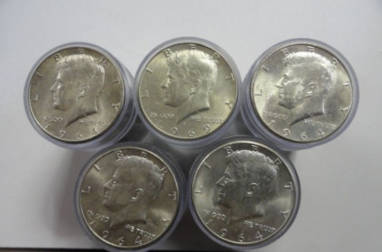 (5) ROLLS OF 20 1964 90% SILVER KENNEDY HALF DOLLARS, (100) TOTAL COINS