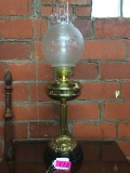 BRASS OIL LAMP (CONVERTED TO ELECTRIC) WITH FROSTED,ETCHED GLOBE