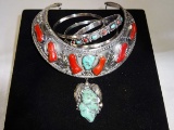 VINTAGE OLD PAWN STERLING, TURRQUOISE AND CORAL COLLAR NECKLACE