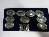 9 NATIVE AMERICAN SILVER AND TURQUOISE CONCHOS AND BUCKLE
