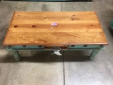 RUSTIC COFFEE TABLE, PINE TOP WITH PAINTED BASE, SINGLE DRAWER, NEW
