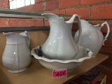 IRONSTONE PITCHER AND BOWL, 2 IRONSTONE PITCHERS