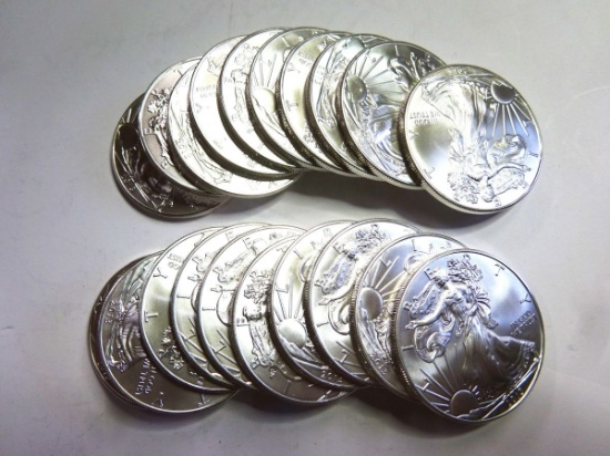 ROLL OF 20 SILVER AMERICAN EAGLE .999 FINE SILVER ONE TROY OUNCE COINS
