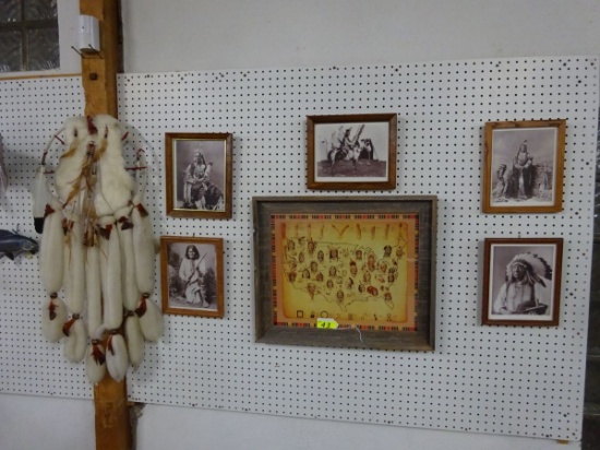 U.S. MAP OF NATIVE AMERICAN TERRITORIES, (5) FRAMED PHOTOS OF NATIVE AMERICANS & DREAM CATCHER