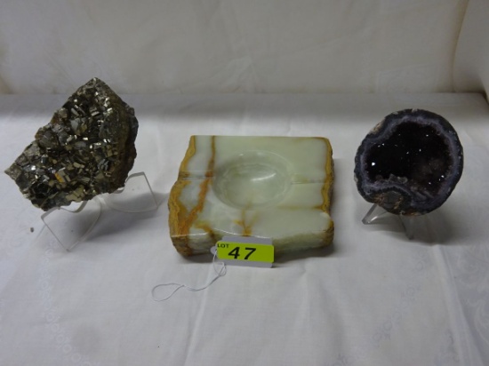 MINERAL SPECIMENS: AMETHYST GEODE, PYRITE SPECEMIN AND ONYX ASHTRAY