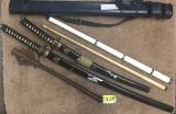 2 SWORDS, POOL CUE WITH CASE AND HEAD BANGER