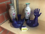 3 COBALT BLUE CHICKEN ON NEST, HAND, BOOT AND 2 ORIENTAL VASES