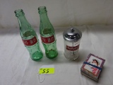 COCA COLA CARDS, (2) JAPANESE COKE BOTTLES, DR. PEPPER STRAW HOLDER