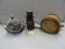 3 ANTIQUE CANTEENS, ONE WITH BEADED STRAP, ONE WOODEN AND ONE LEATHER