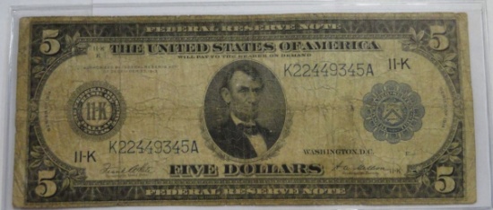 1913 $5 FEDERAL RESERVE NOTE, WHITE/MELLON SIGNATURES