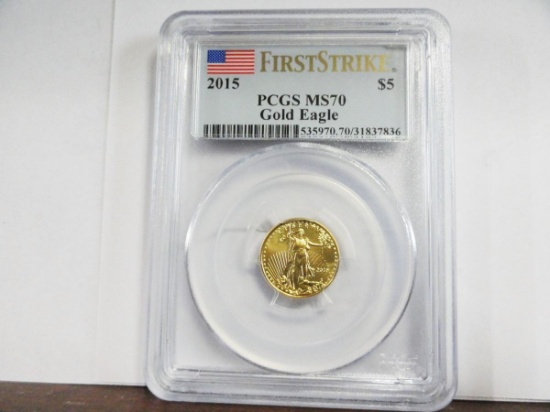 PCGS GRADED MS-70 $5 GOLD EAGLE, FIRST STRIKE, 1/10 T OZ COIN