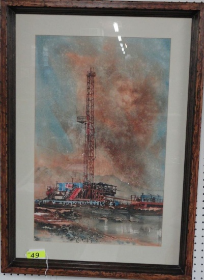 JIM W LAW WATERCOLOR OF AN OIL RIG,
