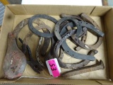 LOT OF HORSE/MULE SHOES, SPIKES, POWDER FLASK