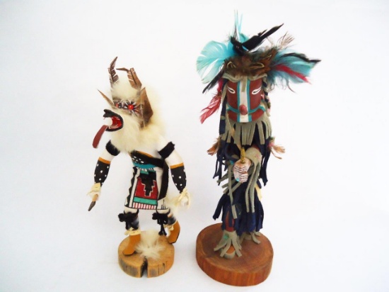PAIR OF KACHINAS- "KOKPELLI" & WOLFMAN, ONE WITH GLASS DOME DISPLAY