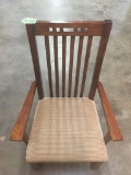 MISSION STYLE CHAIR, WALNUT FINISH, SOLID WOOD, UPHOLSTERED SEAT