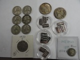 LOT OF ASSORTED SILVER INGOTS & COINS: