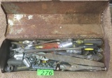 BROWN TOOL BOX WITH ASSORTED TOOLS