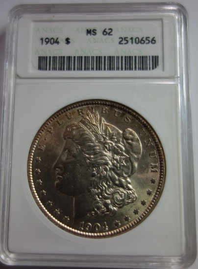 ANACS GRADED MS-62, 1904 MORGAN SILVER DOLLAR