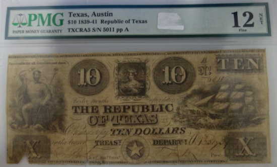 PMG GRADED FINE 12, TEXAS, AUSTIN $10 1839-41 REPUBLIC OF TEXAS NOTE