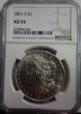 NGC GRADED AU55, 1891-S MORGAN SILVER DOLLAR