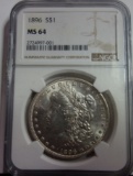 NGC GRADED MS-64, 1896 MORGAN SILVER DOLLAR