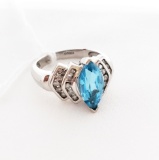 LADIES 10KT WHITE GOLD, BLUE TOPAZ AND DIAMOND RING