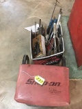 BOX OF ASSORTED TOOLS & SNAP-ON MECHANIC ROLLING STOOL