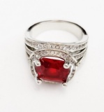 STERLING RED GEMSTONE AND CZ LADIES' FASHION RING