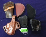 5 ASSORTED HOLSTERS: (3) LEATHER; (2) NYLON/NEOPRENE