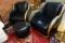 PAIR OF ART DECO STYLE CUSTOM BLACK LEATHER CLUB CHAIRS WITH OTTOMAN