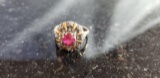 LADIES 14KT YELLOW GOLD SIMULATED RUBY AND DIAMOND RING