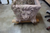 CONCRETE LION PLANTER WITH TREE AND POTTED FERN