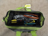 GRAY & GREEN TOOL BAG WITH ASSORTED HAND TOOLS