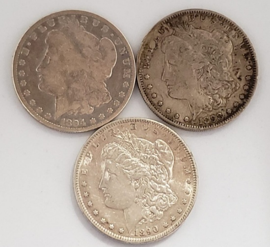 (3) CIRCULATED MORGAN SILVER DOLLARS: 1890-S, 1894-O, 1898-S