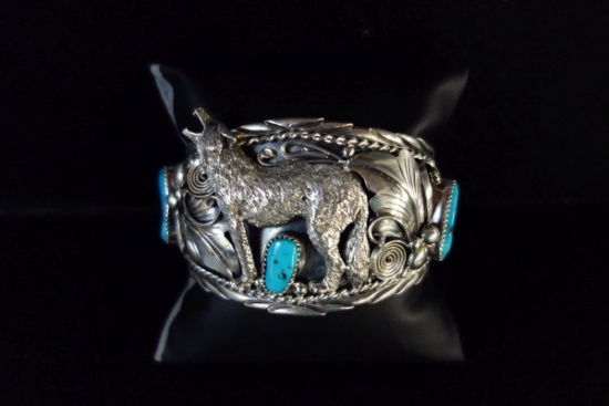 STERLING SILVER NAVAJO CUFF BRACELET WITH TURQUOISE STONES
